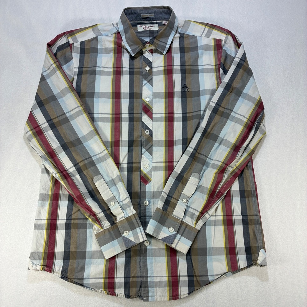 Original Penguin Heritage Slim Fit Plaid Button Down Shirt Mens Large Multicolor